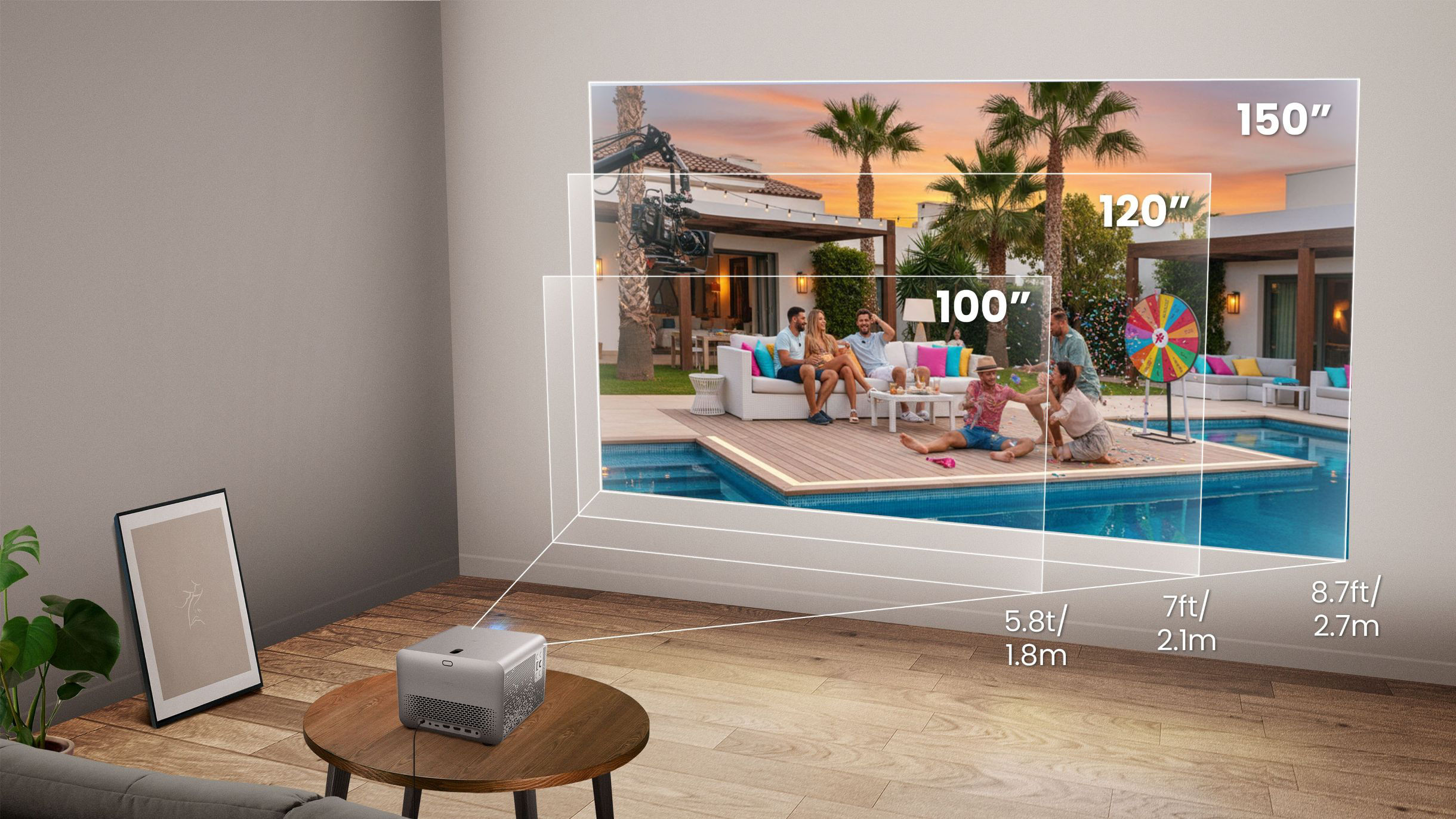 Living room showing 150” projection from flexible throw distance on BenQ TK705STi home entertainment projector